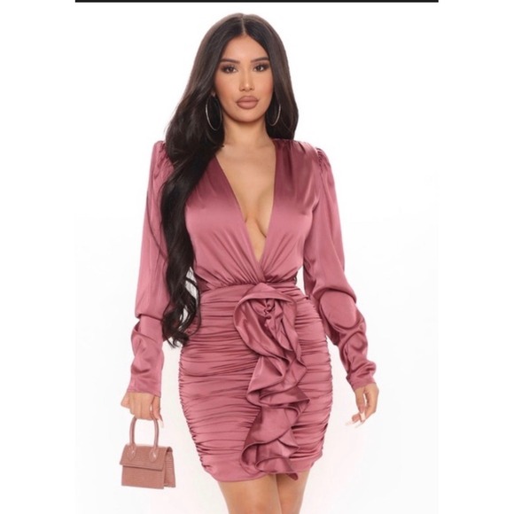 Fashion Nova Dresses & Skirts - Fashion Nova Mauve Satin Ruched Mini Dress Deep V Neck Ruffle Front Long Sleeve